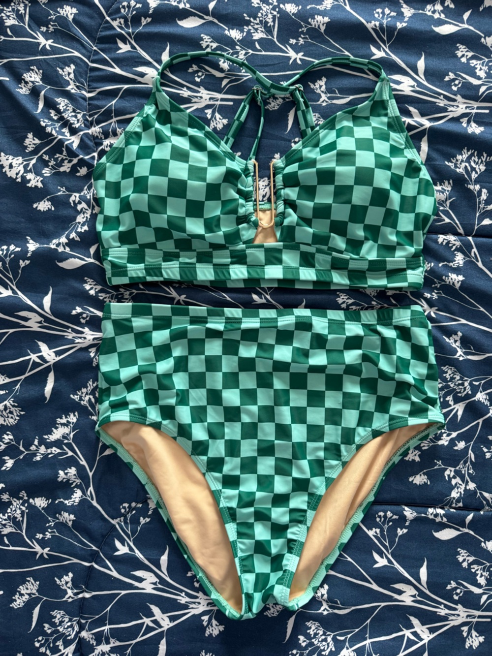 High-Waist Checkered Green Bikini Set - Women's Swim